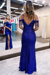 Royal Blue Off the Shoulder Sequins Sheath Corset Prom Dress with Fringes outfit, Royal Blue Off the Shoulder Sequins Sheath Prom Dress with Fringes