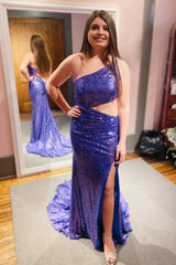 Royal Blue One Shoulder Sequins Corset Prom Dress with Slit Gowns, Royal Blue One Shoulder Sequins Prom Dress with Slit