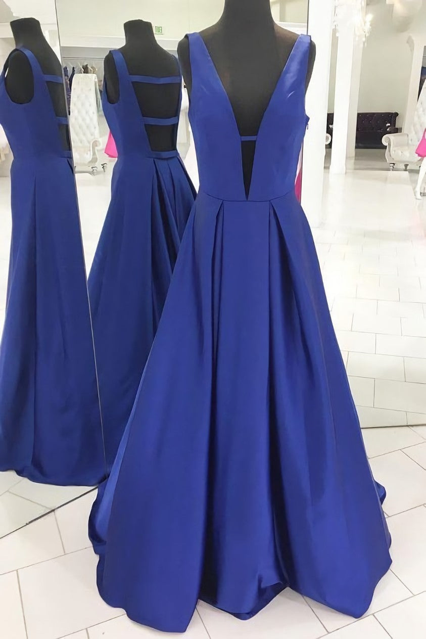Royal Blue Satin Corset Prom Gowns with Deep V-neckline,Corset Formal Dresses outfit, Bridesmaid Dress Online