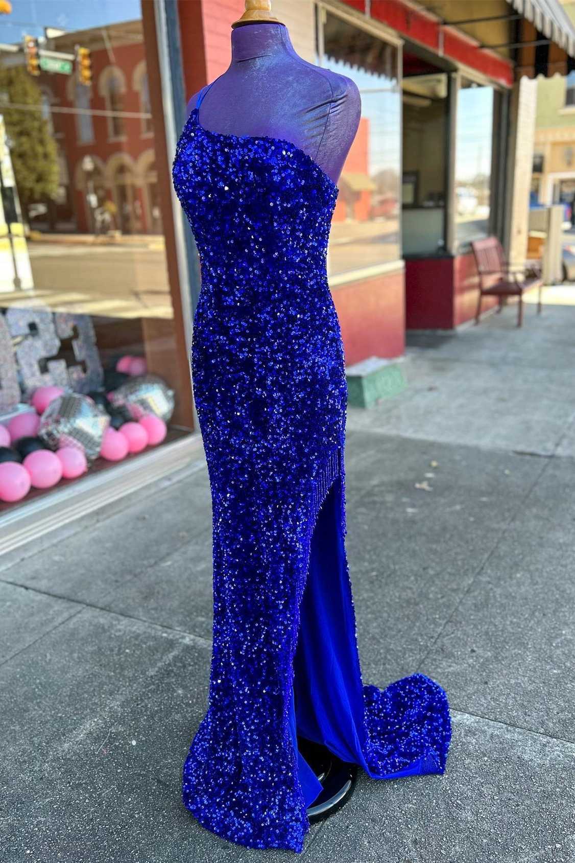 Royal Blue Sequin One-Shoulder Backless Long Corset Prom Dresses with Slit,Evening Party Dress Outfits, Rustic Wedding Dress