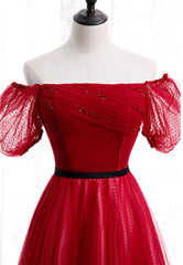 Red Tulle Long Corset Prom Dresses, A-Line Off the Shoulder Evening Dresses outfit, Party Dress Formal