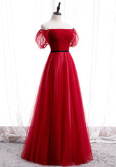 Red Tulle Long Corset Prom Dresses, A-Line Off the Shoulder Evening Dresses outfit, Party Dress Shop Near Me