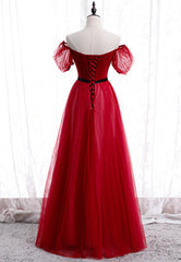 Red Tulle Long Corset Prom Dresses, A-Line Off the Shoulder Evening Dresses outfit, Party Dress Fancy