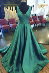 Satin Green Corset Prom Dress,Long Evening Dress,Birthday Party Gown Long, V Neck Back to School Gowns, Prom Dresses Emerald Green