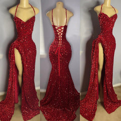 Sexy High Slit Halter Sleeveless Sparkly Red Sequined Long Corset Prom Dresses for Black Girls outfit, Bridesmaid Dress Style Long