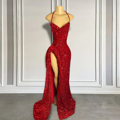 Sexy High Slit Halter Sleeveless Sparkly Red Sequined Long Corset Prom Dresses for Black Girls outfit, Bridesmaid Dress Styles Long