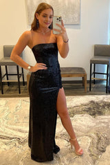 Sheath Black Strapless Sequins Corset Prom Dress with Slit Gowns, Sheath Black Strapless Sequins Prom Dress with Slit