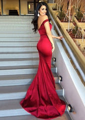 Sheath/Column Sleeveless Sweetheart Sweep Train Elastic Satin Corset Prom Dress outfits, Bridesmaids Dresses Red