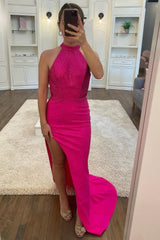 Sheath Halter Hot Pink Beading Long Corset Prom Dress with Open Back outfit, Sheath Halter Hot Pink Beading Long Prom Dress with Open Back