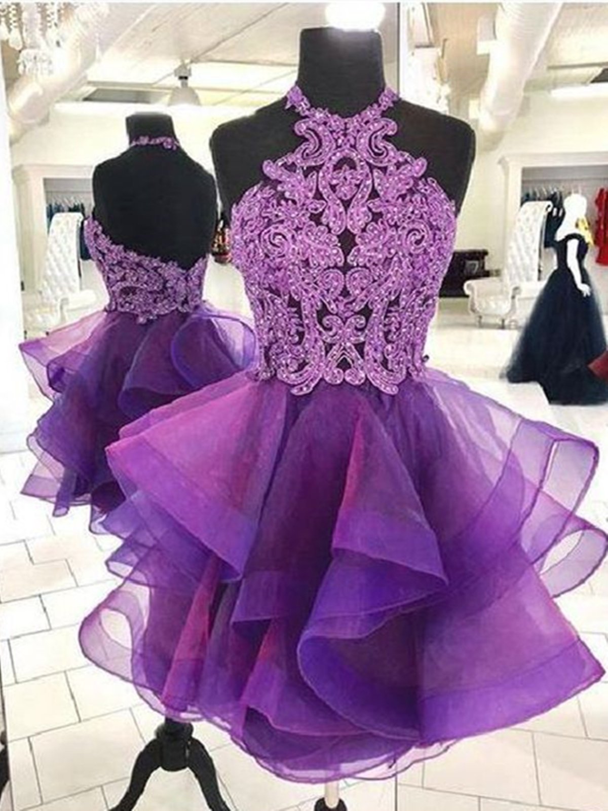 Short Backless Purple Organza Lace Corset Prom Dresses, Short Purple Lace Corset Formal Corset Homecoming Dresses outfit, Party Dress