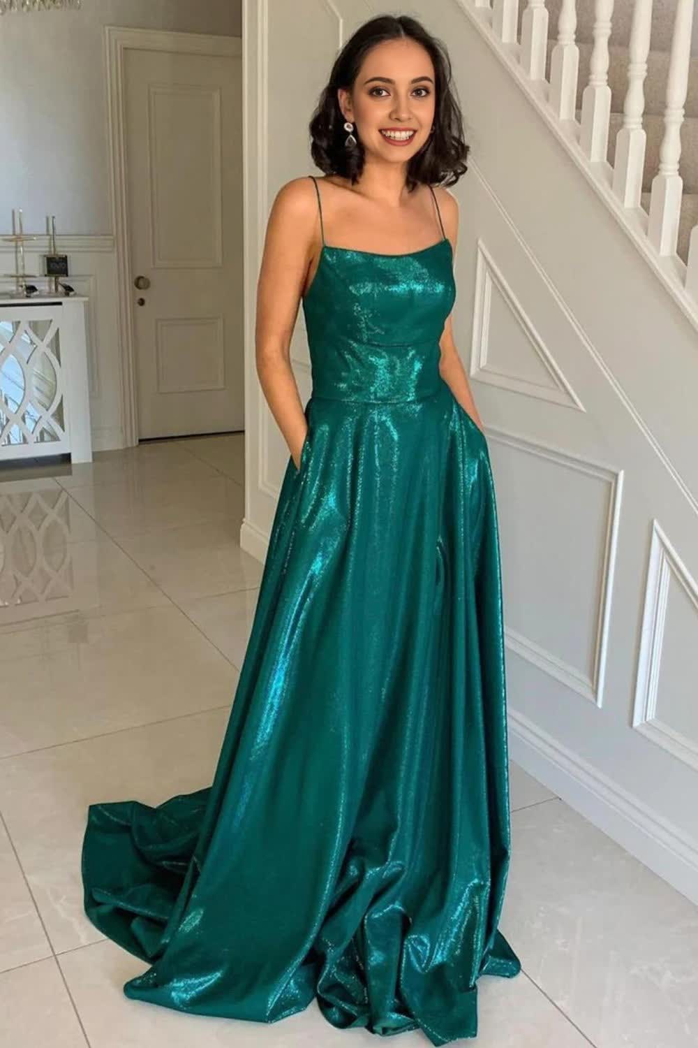 Simple A Line Spaghetti Straps Dark Green Long Corset Prom Dress with Criss Cross Back Gowns, Simple A Line Spaghetti Straps Dark Green Long Prom Dress with Criss Cross Back