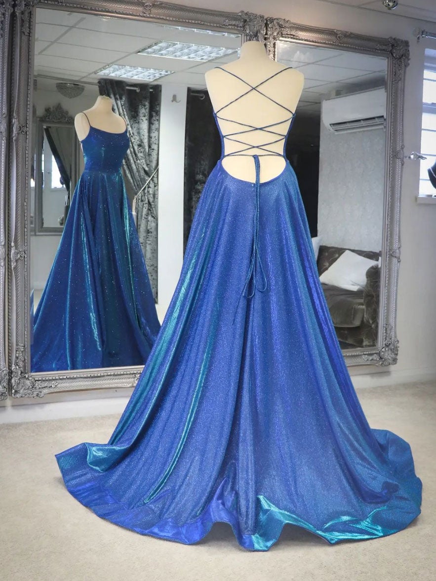 Simple blue satin long Corset Prom dress, blue backless long evening dress outfit, Prom Dressed Long
