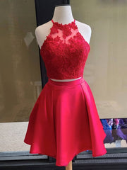 Simple red two pieces short lace Corset Prom dress, red Corset Homecoming dress outfit, Prom Dresses Boutique