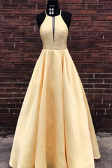 Simple Satin A-line Halter Floor-length Long Corset Prom Dresses, Evening Dresses outfit, Prom Dress Places