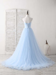 Simple Sweetheart Blue Tulle Long Corset Prom Dress Blue Evening Dress outfit, Bridesmaid Dresses Convertible