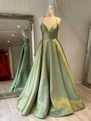 Simple v neck green satin long Corset Prom dress, green evening dress outfit, Prom Dresses Pink