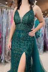 Sparkly Dark Green Tulle Sequin Detachable Train Corset Prom Dress with Slit Gowns, Sparkly Dark Green Tulle Sequin Detachable Train Prom Dress with Slit