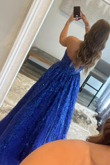 Sparkly Royal Blue Long Corset Prom Dress with Pockets Gowns, Sparkly Royal Blue Long Prom Dress with Pockets