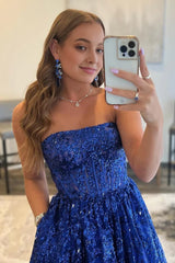 Sparkly Royal Blue Long Corset Prom Dress with Pockets Gowns, Sparkly Royal Blue Long Prom Dress with Pockets
