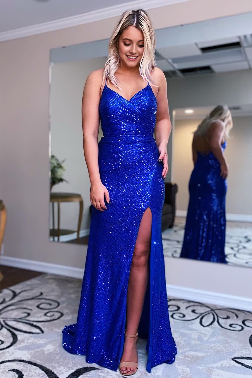Sparkly Royal Blue Mermaid Sequins Long Corset Prom Dress with Slit Gowns, Sparkly Royal Blue Mermaid Sequins Long Prom Dress with Slit