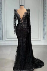 Stylish Black A-line Mermaid Evening Dress Deep V-Neck Beadings Long Sleeves Corset Prom Dress outfits, Party Dress Renswoude