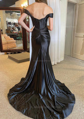Trumpet/Mermaid Off-the-Shoulder Regular Straps Court Train Silk like Satin Corset Prom Dress With Pleated Split outfit, Bridesmaid Dress With Lace