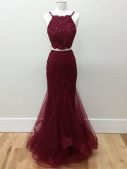Two Pieces Halter Neck Mermaid Tulle Maroon Corset Prom with Beadings, Maroon Formal, Evening outfit, Party Dress For Wedding