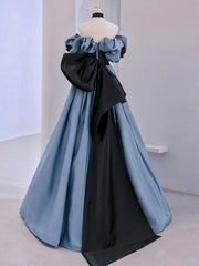 Unique Blue Satin Lace Long Corset Prom Dress,Off Shoulder Evening Dresses outfit, Bridesmaid Dress Dusty Blue