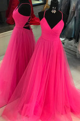 V Neck A-line Hot Pink Long Tulle Corset Prom Graduation Dress with Lace-up Back Gowns, Party Dress Shop