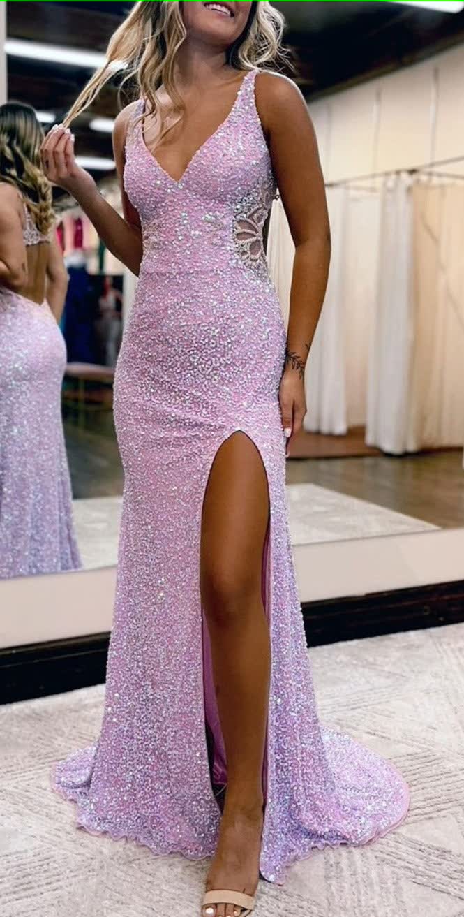 V-Neck Hollow-Out Backless Sequins Mermaid Corset Prom Dress with Slit Gowns, V-Neck Hollow-Out Backless Sequins Mermaid Prom Dress with Slit