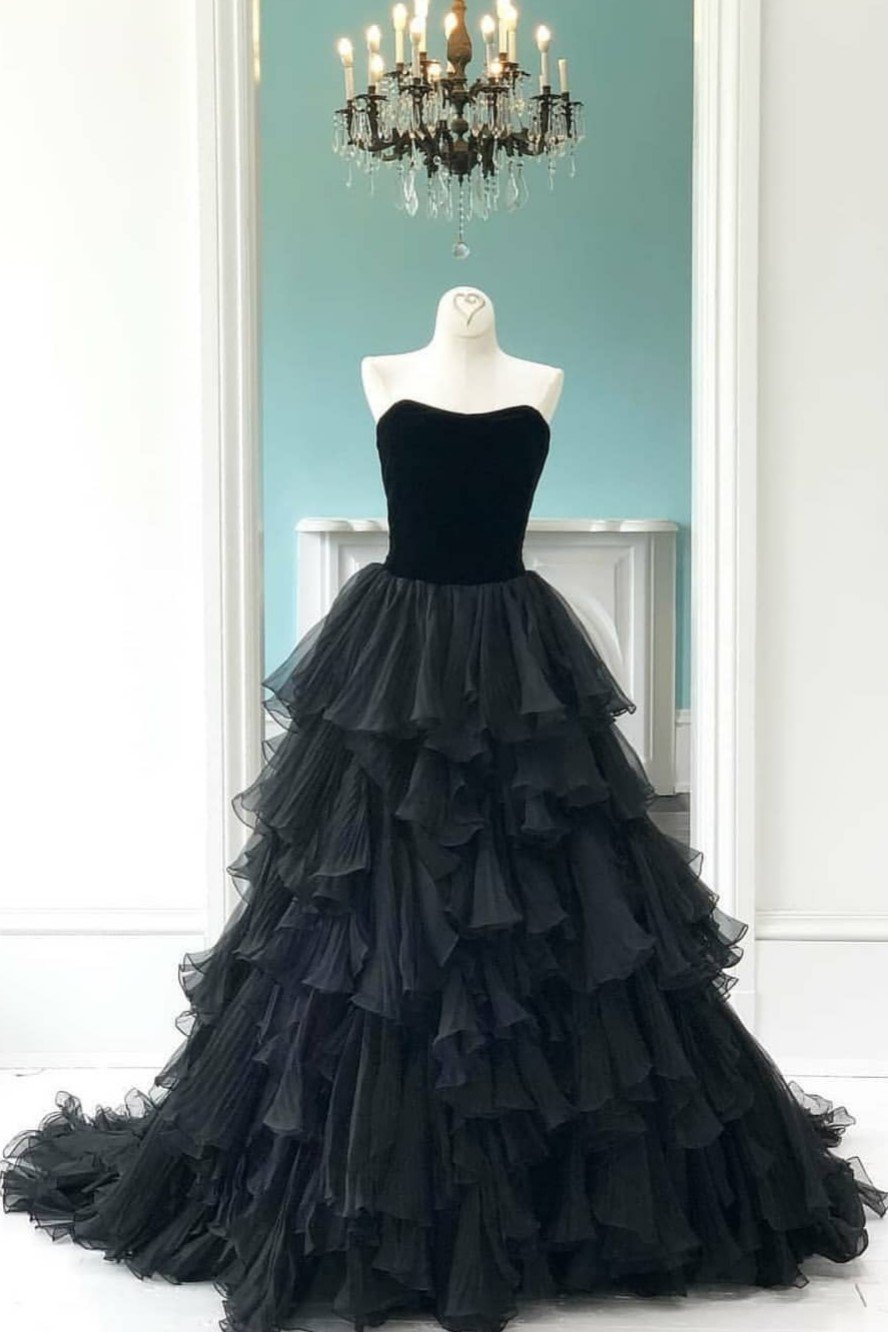 Velvet Strapless Black Corset Prom Gowns with Pleated Tiered Skirt,Corset Prom Dress outfits, Bridesmaid Dresses Long