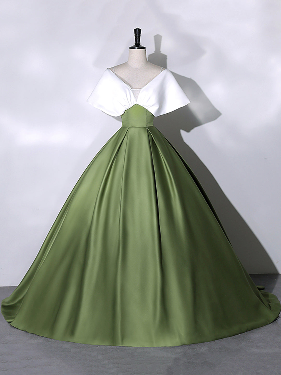 White+Green Satin Floor Length Corset Prom Dress, V-Neck Off the Shoulder Evening Dress outfit, Party Dress Long Sleeve Maxi
