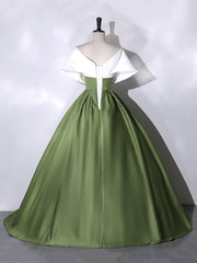 White+Green Satin Floor Length Corset Prom Dress, V-Neck Off the Shoulder Evening Dress outfit, Prom Dress 2045