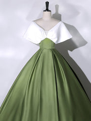 White+Green Satin Floor Length Corset Prom Dress, V-Neck Off the Shoulder Evening Dress outfit, Party Dresses Jumpsuits