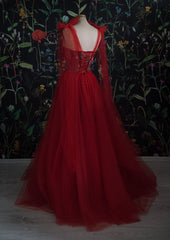 Vintage Red Tulle Corset Prom Dress,Women Evening Gowns with Flowers outfit, Prom Dresses Burgundy