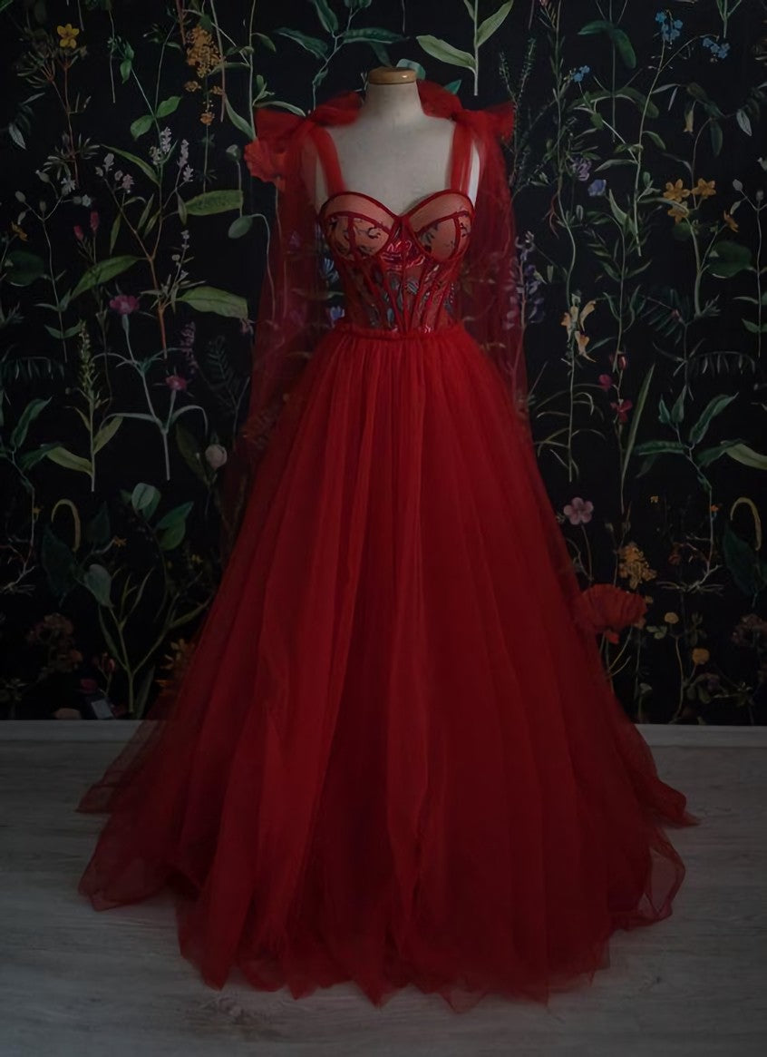 Vintage Red Tulle Corset Prom Dress,Women Evening Gowns with Flowers outfit, Prom Dress Burgundy