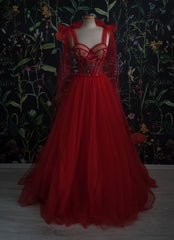 Vintage Red Tulle Corset Prom Dress,Women Evening Gowns with Flowers outfit, Prom Dress Burgundy