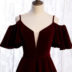 Wine Red Velvet Off Shoulder Floor Length Party Dress, Velvet Junior Corset Prom Dress outfits, Party Dresses Online Shopping