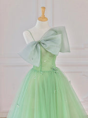 Green Tulle Short Corset Prom Dress, A-Line Evening Dress with Bow outfit, Prom Dresses Long Open Back