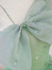 Green Tulle Short Corset Prom Dress, A-Line Evening Dress with Bow outfit, Prom Dress Long Open Back
